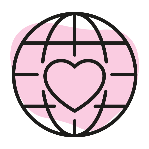 Graphic icon of a globe with a heart on it